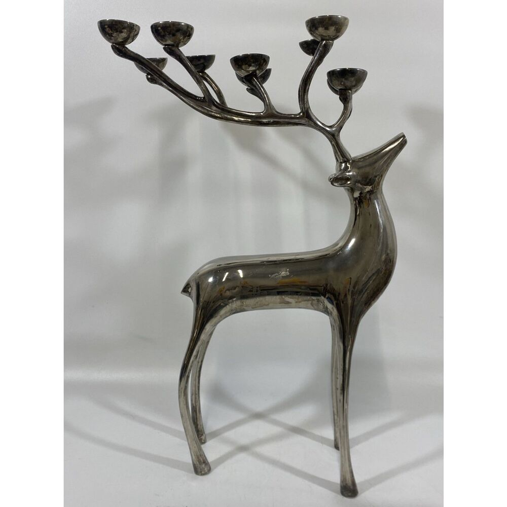 Pottery Barn Christmas Silver Reindeer 10 Point Candle Candelabra Large 20 X 14